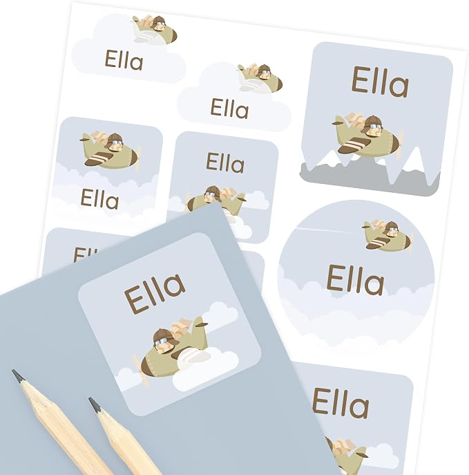 Camp Name Labels for Kids (33) – Custom Waterproof Stickers for Water Bottles, Lunch Boxes, Daycare & School with Unique Designs - Classic Airplane
