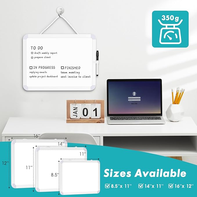 WALGLASS Small Dry Erase Whiteboard, 16" x 12" Magnetic White Board for Wall, Fridge, Locker, Portable Mini White Board for Kids, Students, Hang or Stick Whiteboard for Home, School, Office, Kitchen
