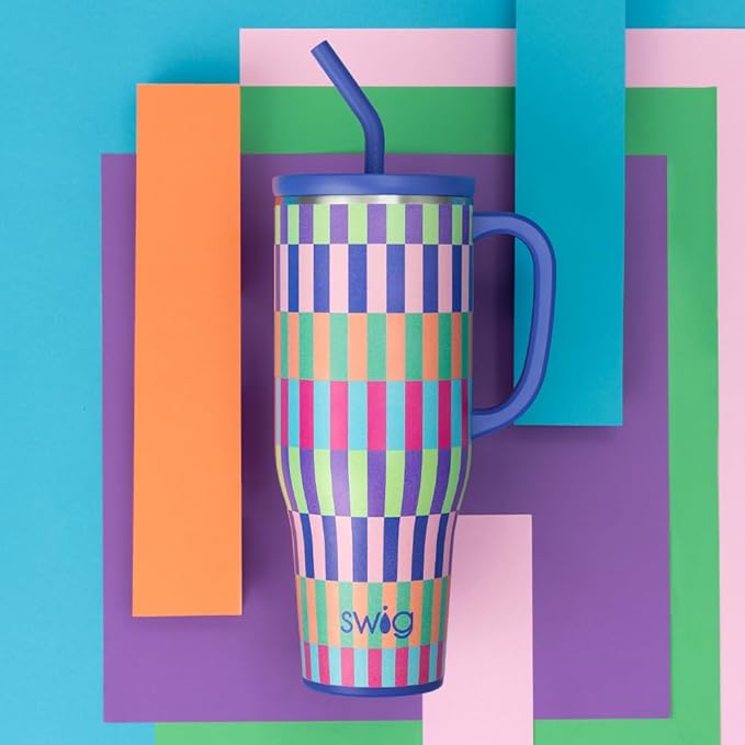 Swig Life 40oz Mega Mug, 40oz Tumbler with Handle and Straw, Extra Large Insulated Tumblers, Cup Holder Friendly Travel Mug (Brite Stripe)
