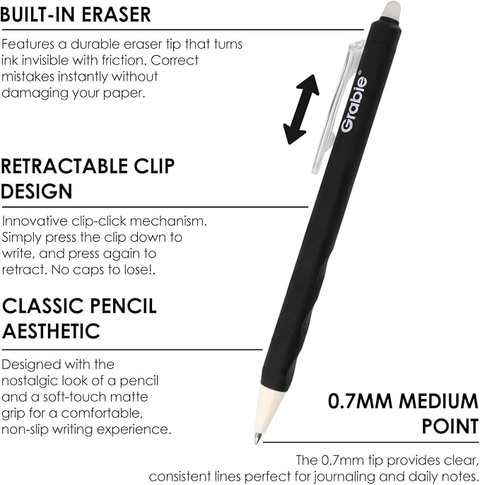 Grabie Erasable Gel Pens, Medium Point 0.7 mm Erasable Pens, Make Mistakes Disappear for Drawing Writing Planner, Pack of 6, Black/Blue/Red