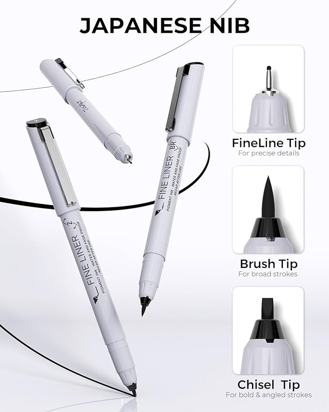 JusArt Fineliner Pens, Ultra Fine, Fine, Brush & Chisel, 12 Sizes, Waterproof Black Pigment Art Pen for Artists, Crafters, Illustration, Sketching, Writing, Bible Journaling, Technical Drawing Pens