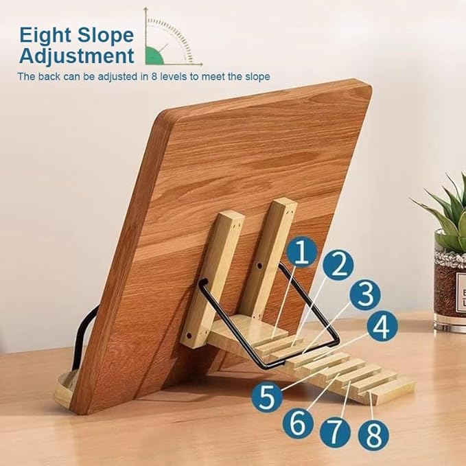 Adjustable Reading Book Stand, Foldable Wooden Book Holders Tray, Portable Reading Bookshelf for Students Reading Drawing Cookbooks Music Score Laptops, Oak Grain (with Clip & Reading Light)