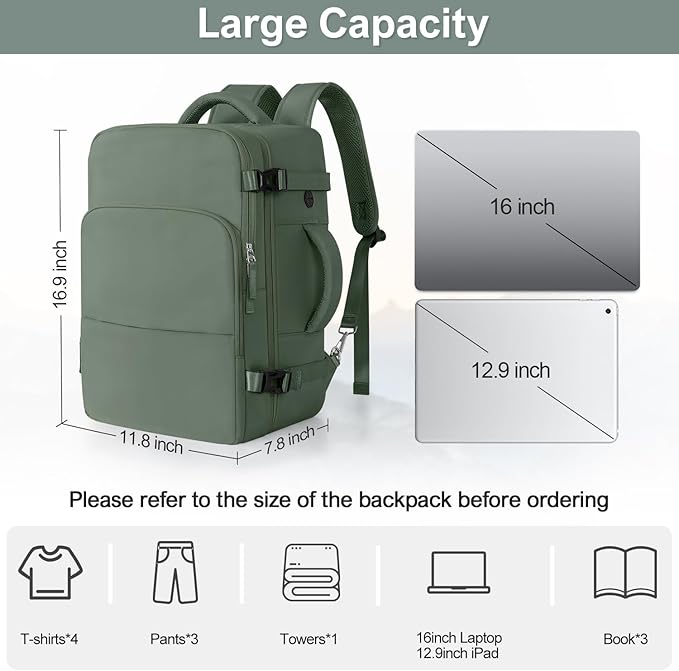 Sinaliy Personal Item Backpack, Carry on Travel Backpack with Multi-Pockets, Waterproof Casual College 16inch Laptop Backpack for Men Women, Army Green
