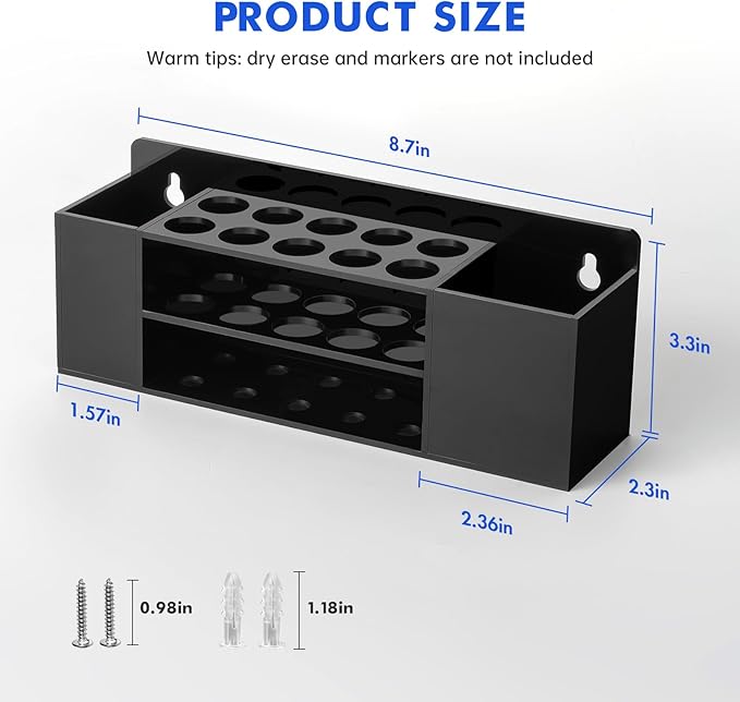 Magnetic Dry Erase Marker Holder for Whiteboard, Wall Mount Pen Holder for Refrigerator, Clear Pencil Holder for Fridge, Strong Magnet Locker Organizer for Classroom(Black)