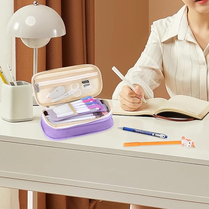 iSuperb Foldable Pencil Case Zipper Big Capacity Canvas Pencil Pouch Cosmetic Organizers Pen Bag Makeup Bags for Women (Purple)