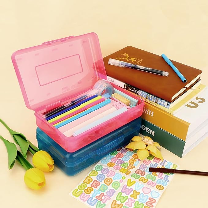 Pink Blue Pencil Case 2 Pack - Large Capacity Plastic Pencil Box Organizer