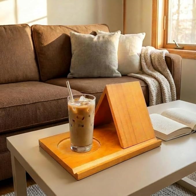 DIY Wooden Book Holder Stand with Drink Holder, Reading Rest Book Display for Desk, Bedside Gift for Book and Coffee Lovers- Original