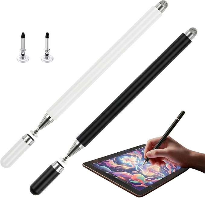 Stylus Pens for Touch Screens (2 Pcs), 2 in 1 Magnetic Disc & Fiber Tip Stylus Pen for iPad with Magnetic Cap, Compatible with All Touch Screens - Free Replacement Disc Tips, Black and White