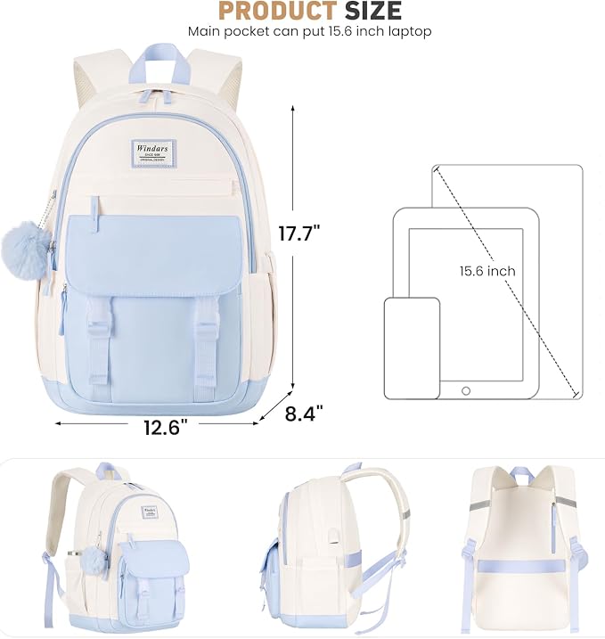 WINDARS School Backpack for Teen Girls, Cute College Backpacks for Women Students Aesthetic Bookbag Large 15.6 Inch Laptop Bag Middle School Travel Back Pack (Blue Beige)
