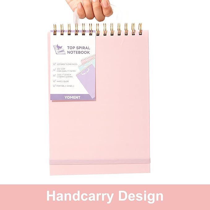 Yoment Top Spiral Notebook, Hardcover Steno Pads, 240 Pages Top Bound Spiral Notebooks, 7"x10" College Ruled Spiral Notepad Left-Handed Notebooks for Work School Office Business,Pink