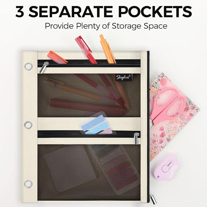 SKYDUE Pencil Pouch for 3 Ring Binder, 3 Pockets and Mesh Window | Zipper Pencil Pouch Pencil Bag with 3 Reinforced Grommets, Durable Organizer for School Supplies, Cables, Earbuds, Makeup