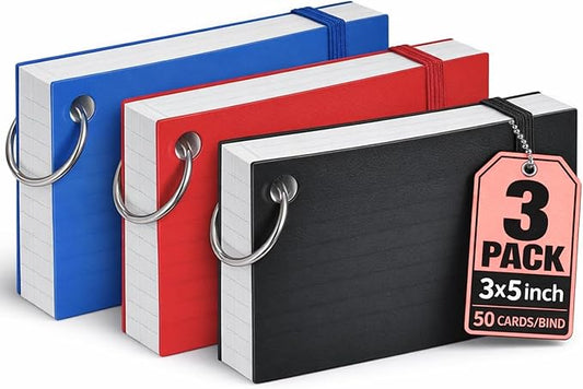 1InTheOffice Index Cards with Ring 3x5, Flash Cards with Binder Ring, Single Hole Punched Notecards, White, 100 Cards