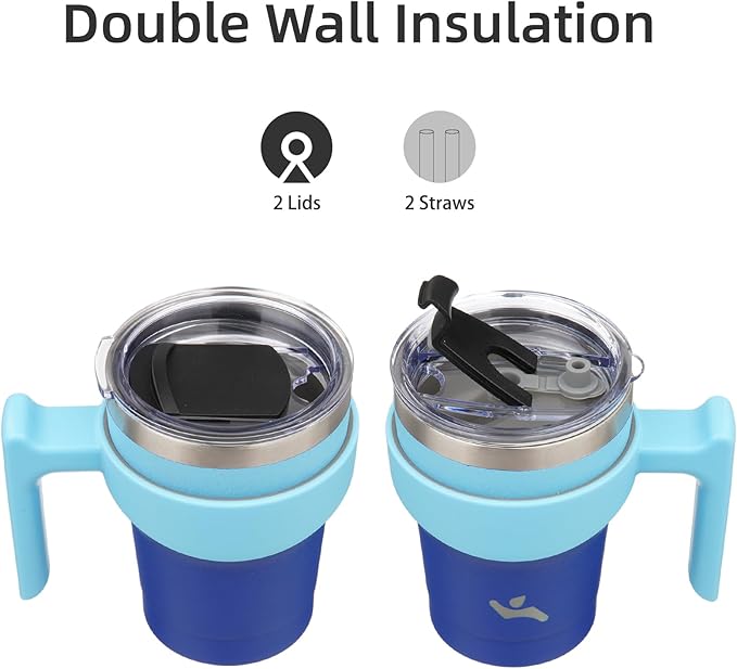 Konokyo 10 oz Tumbler with Handle and 2 Straw 2 Lid, Insulated Water Bottle Stainless Steel Vacuum Cup Reusable Travel Mug,Sky