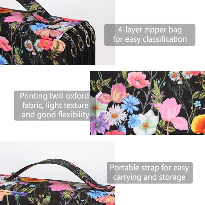 Vomgomfom 200 Slots Pencil Bag, 4-Layer Zipper Portable Art Supply Organizer, PU Leather Large Capacity Colored Pencil Case with Handle for 200 Watercolor Pens, Gel Pens (Black Flower)