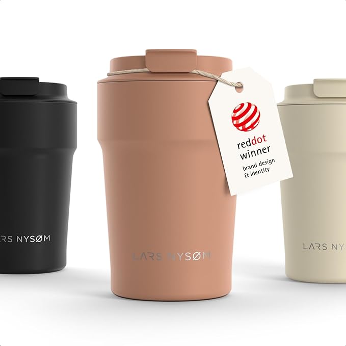 LARS NYSØM Thermo Coffee Mug to go 13oz | Travel Mug 0.38 Liter with Insulation | Silicone grip base | Leak Proof Stainless Steel Tumbler for Coffee and Tea on the Go (Powder Rose, 13oz)