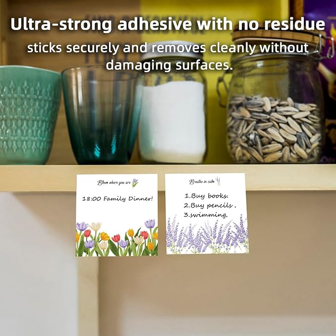 Cute Floral 4-Pad/200 Sheets 3x3in Sticky Notes Set, Adorable Memo Pads with High-Adhesive, Reusable Tearable Post it Notes for Journal Planners Office School Home, Bulk Stationery Gift