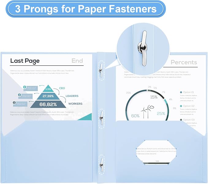 SUIN Plastic Project-Folder with 2 Pockets and 3-Prong Fasteners, for US Letter Size, Bulk Pack Color File-Folder for US Letter Size Papers, Ideal for School & Office, (Pastel Blue)
