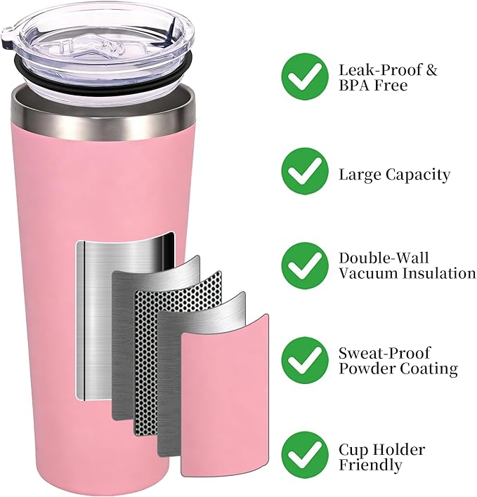 NESTALLY Coast 20oz Stainless Steel Tumbler, Extra Capacity Holds Up to 22oz, Double Wall Vacuum Insulated Travel Coffee Mug with Lid & Metal Straw, Leakproof Reusable Cup for Travel (Blush Pink)