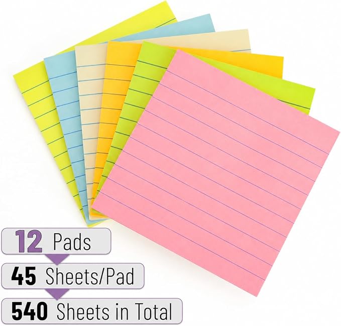 Mr. Pen- Lined Sticky Notes, 4" x 4", 12 Pads, 45 Sheets/Pad, Pastel Color