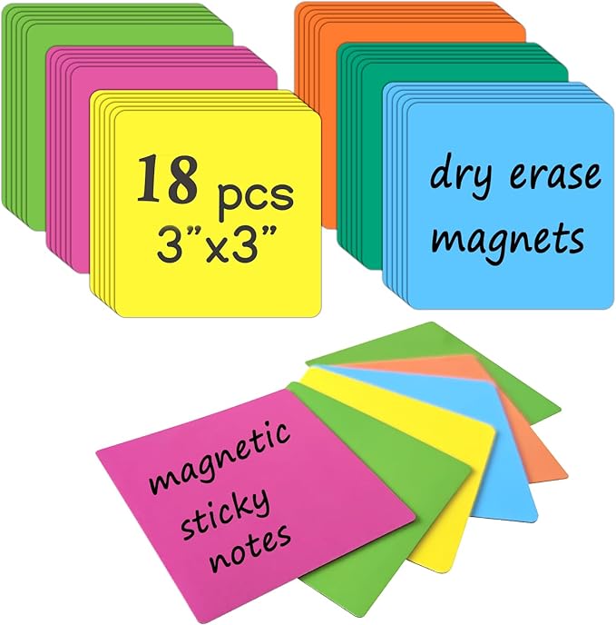 18 Packs, 3" x 3" Dry Erase Reusable Magnetic Sticky Notes, Magnets Labels, Widely Use to Post Notes for Whiteboard, Fridge, Locker, Cabinet, Door - Office & Classroom Supplies