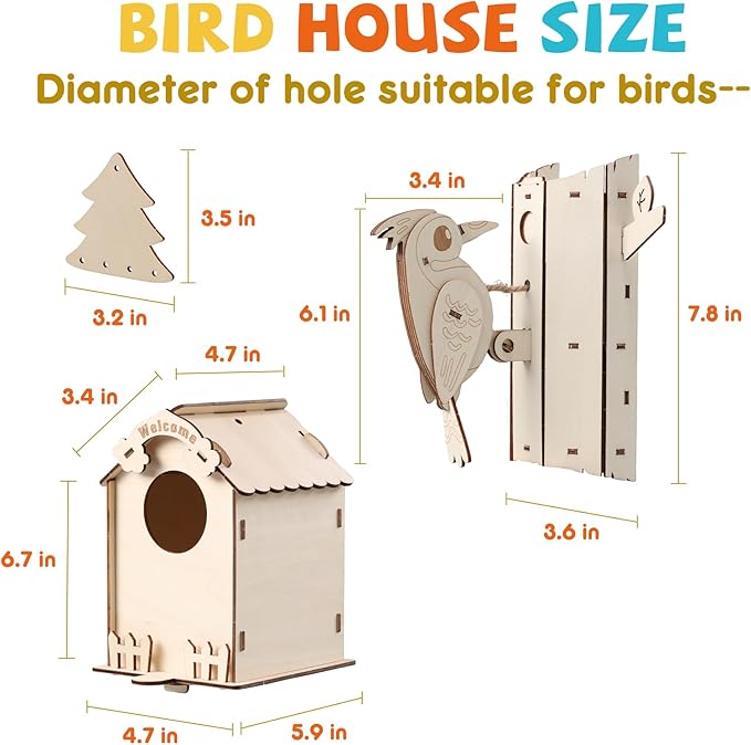 JMMICO Paint Your Own BirdHouses, Wooden Painting Crafts Kits for Kids, Wooden Woodpecker Doorbell & DIY Bird House for Outside, Arts and Crafts for Kids, Easter Gifts for 8-12 Year Old Girls Boys
