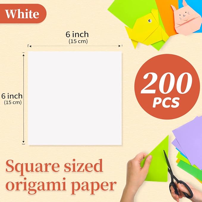 IOOLEEM Origami Paper, 200 Sheets, White Origami Paper, 6 Inch Square, Double Sided Colored paper.
