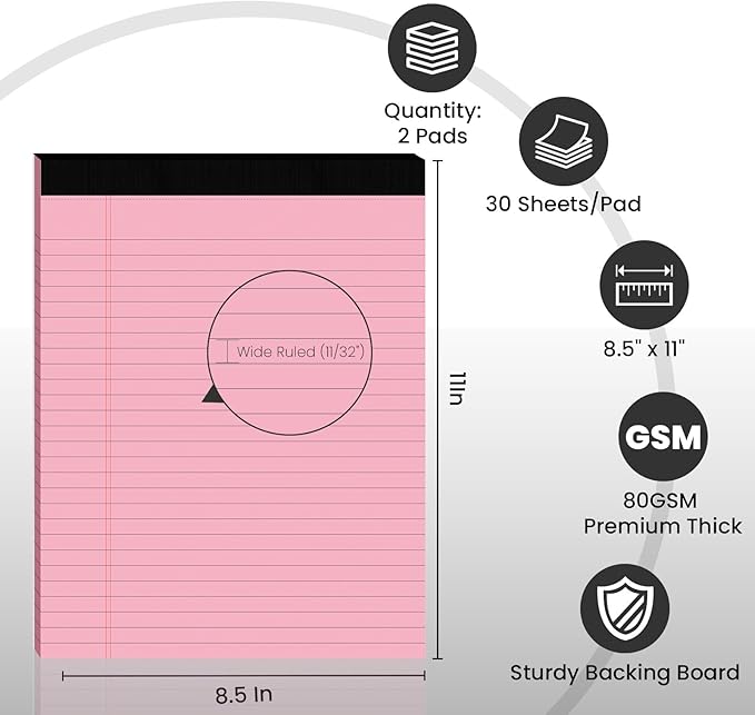 2pcs Legal Pads 8.5 x 11,Notepads 8.5 x 11 Inch, 30 Sheets/Pack, Pink Note Pads Clear Print Writing Pads of Paper, Perforate Wide Ruled Lined with Sturdy Back for Office, Business & School Supplies