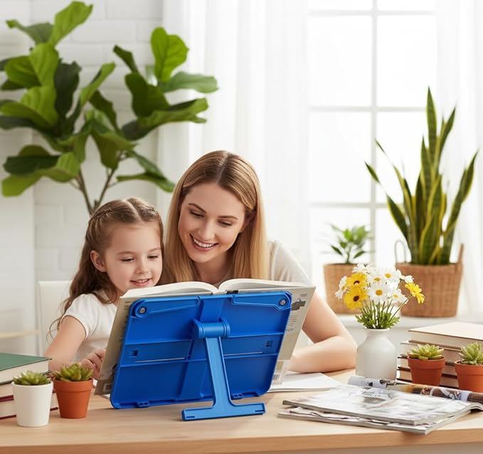 Book Holders for Reading Hands Free Desktop Cookbooks Stands Tray Portable Foldable Lightweight Bookstands Page Clips Rest for Music Score Cookbook Tablet Textbooks Ergonomic Reading Posture (Blue)