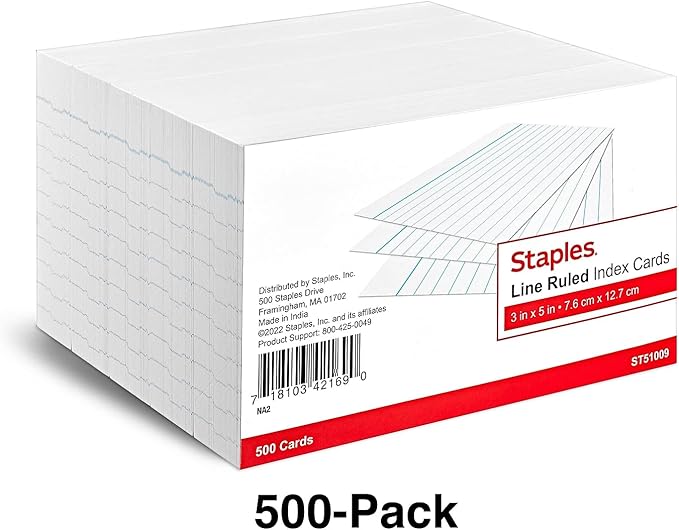 Staples Index Cards, 3" x 5", Lined, White, 500 Pack – Ruled Cards for Studying, Notes & Classroom Use