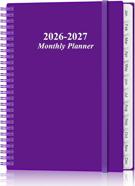 2026-2027 Monthly Planner - 15 Monthly Calendar, April 2026 - June 2027, Two Pages Per Month, 9" x11" Planner with Tabs, Strong Twin-Wire Binding, Inner Pocket, Purple