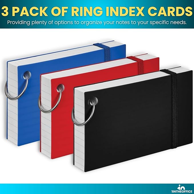 1InTheOffice Index Cards with Ring, Ruled Index Cards with Ring, 3" x5", 100 White Cards/Ring