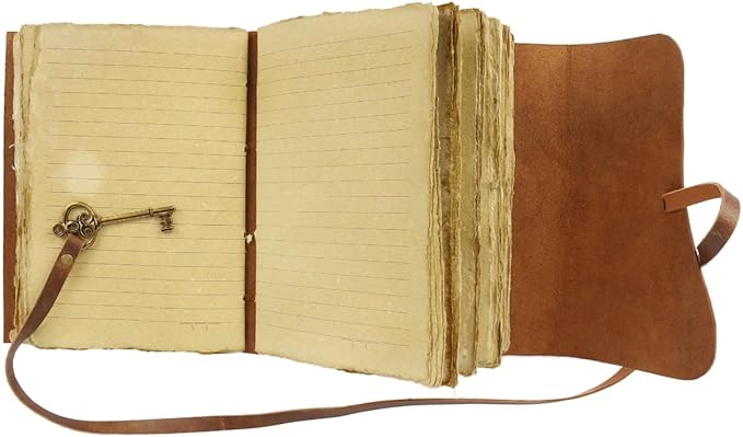 Leather Journal with Deckle Edge Paper 8x6 inch and Vintage Key | Handmade Writing Notebook Diary | Bound Daily Notepad for Men & Women Medium, Sketch/Writing pad for Artists
