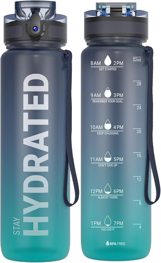 Sahara Sailor Water Bottle 32oz, Durable and Leakproof Water Bottles Motivational with Time Marker, Tritan, BPA Free, Wide Mouth with Easy Clean Brush for Gym, Travel, Home, School, Office (1 Bottle)