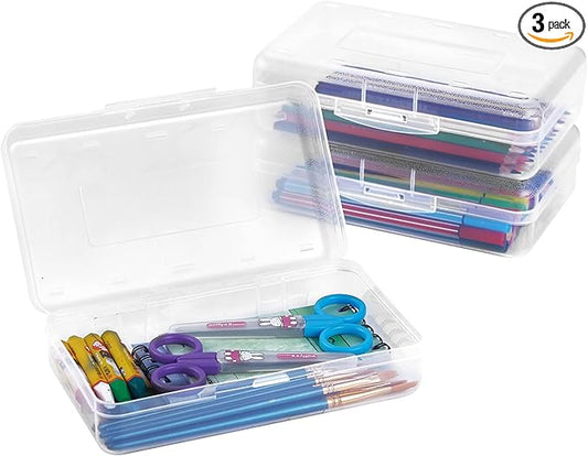 Sooez 3 Pack Pencil Case, Large Hard Pencil Box Bulk, Clear Crayon Box Marker Pen Organizer, Plastic Storage Container with Snap Lid, Stackable Art Craft Organizer Back to School Supplies, Clear