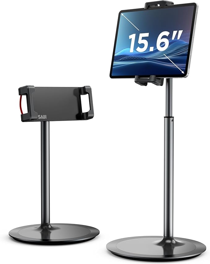 SAIJI iPad Stand for Desk - Tablet Holder Extra-Height 360° Rotating Adjustable Aluminum Alloy Cradle for 4.7"-15.6" iPhone Samsung Kindle Portable Monitor (Black)