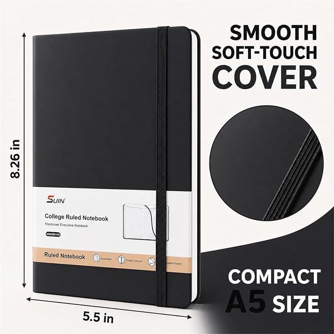 SUIN A5 Hardcover Lined Journal Notebook, 200 Pages, Black, 1 Pack