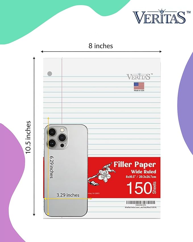 Loose Leaf Paper Wide Ruled, 8" x 10.5" Binder Filler Paper, 3 Hole Punched Notebook Paper, 3600 Sheets Total 24 Pack 150 Sheets/Pack, Bulk School & Office Supplies, Made in USA
