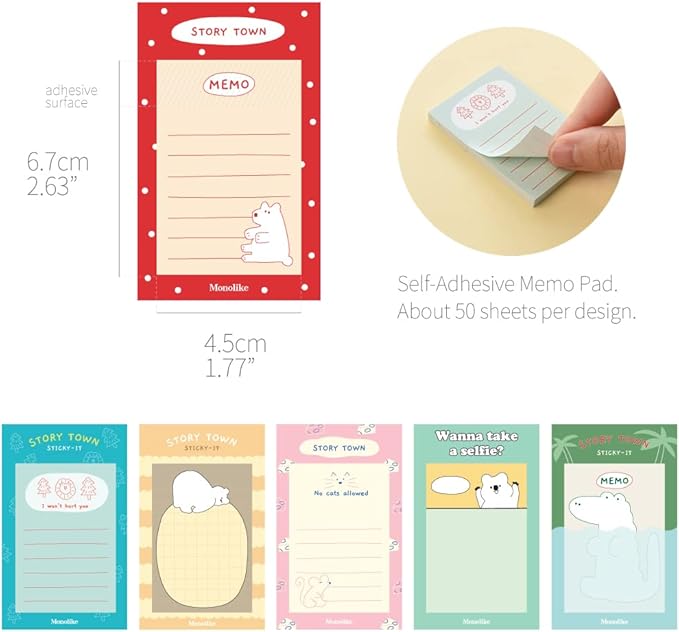 Monolike Story Town Sticky-it - 6p Set Self-Adhesive Memo Pad 50 Sheets