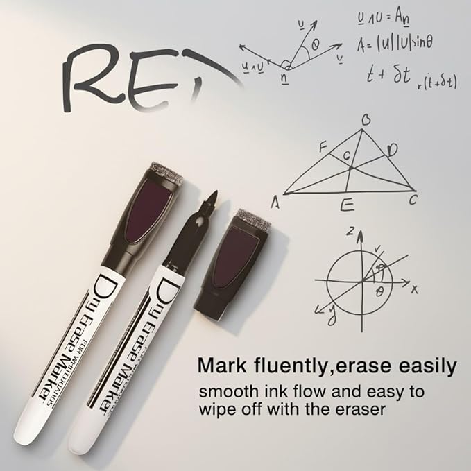 Volcanics Magnetic Dry Erase Markers With Eraser Low Odor Fine Tip Whiteboard Pens Pack of 12, Black