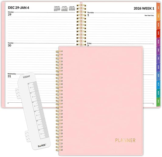 SUNEE 2026 Weekly and Monthly Planner - from January 2026 - December 2026, Daily Agenda Planner with Monthly Tab, Flexible Cover, Note Pages, Pockets, Bookmark, Spiral Binding, Pink, 8.5"x11"