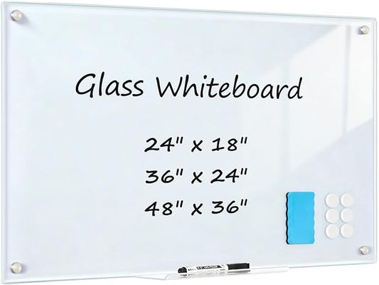 Glass Magnetic Dry Erase Board, 36" x 24" Tempered Glass Whiteboard Wall Mounted White Board for Home, Office, School, 1 Acrylic Pen Tray