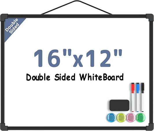 MaxGear Double-Sided Dry Erase Board for Wall, 16"x12" Hanging Whiteboard, Small Dry Erase White Board kit, Portable for Planning, Drawing, Memo, to Do List, Black Frame