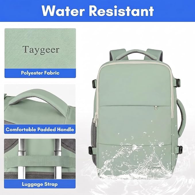 Taygeer Carry On Backpack, 40l Travel Backpack for Women Airline Approved | Cute 17.3" Personal Item Travel Bag with Shoe Pouch, Casual Daypack Gifts for Friend Hiking Weekend, Green Beige
