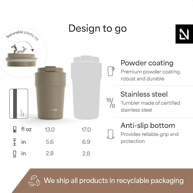 LARS NYSØM Thermo Coffee Mug to go 13oz | Travel Mug 0.38 Liter with Insulation | Silicone grip base | Leak Proof Stainless Steel Tumbler for Coffee and Tea on the Go (Powder Taupe Brown, 13oz)