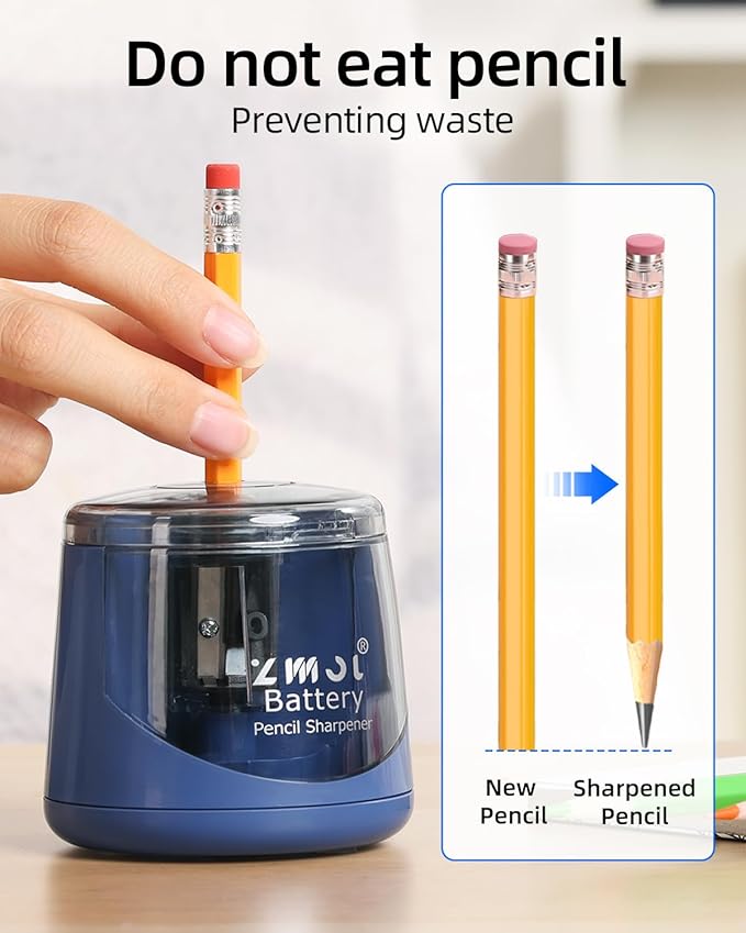 ZMOL Battery Powered Electric Pencil Sharpener,Small Battery Operated Colored Pencil Sharpeners Portable for Kids,Fast Sharpen, Suitable for No.2/Colored (6-8mm), School/Classroom/Office/Home Blue
