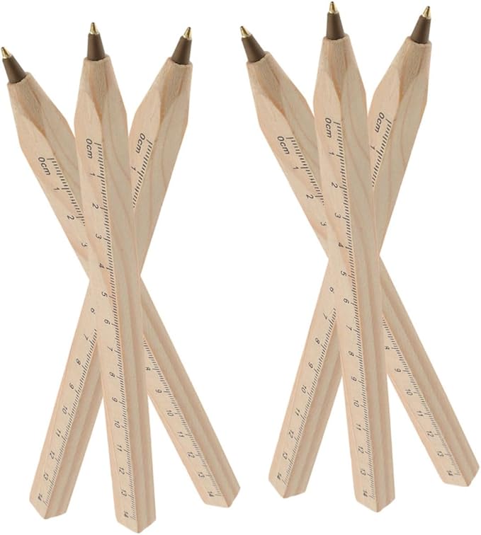 BETOOKY 6pcs Black Wood Ballpoint Pens with Ruler Printing, Natural Biodegradable Wooden Signature Pens for Carpenter Woodwork and Office Use