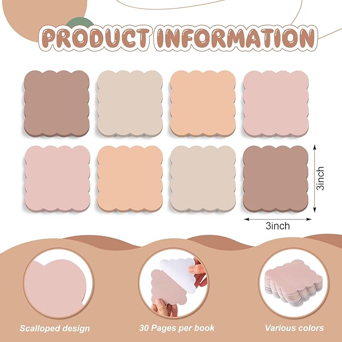 Eaasty 8 Pack Scalloped Aesthetic Sticky Notes Bulk Brown Colors Cute Wavy Self Sticky Note Pads 3" x 3" Blank Note Pads for Back to School Office Supplies 240 Sheets