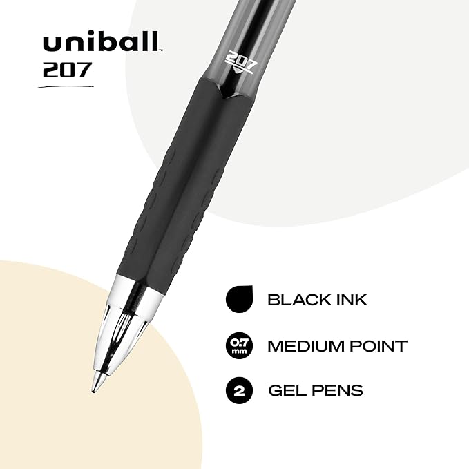 uniball 207 Retractable Gel Pens, Medium Point (0.7mm), Black, 2 Pack