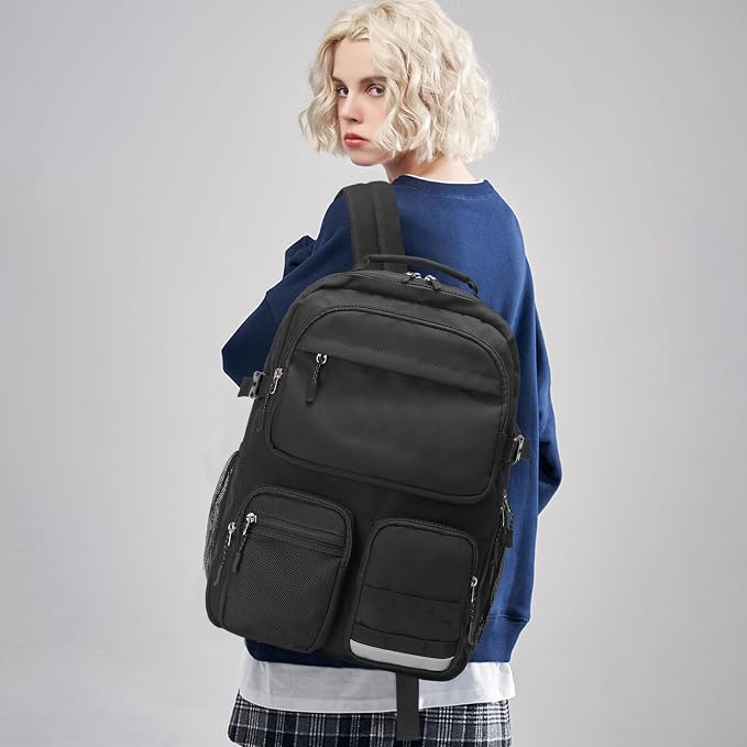 Lohol Water Resistant Backpack with Multifunctional Pockets for Teens, Durable Bookbag fits 15.6 inch Laptop for School Travel College, 25L (Black)