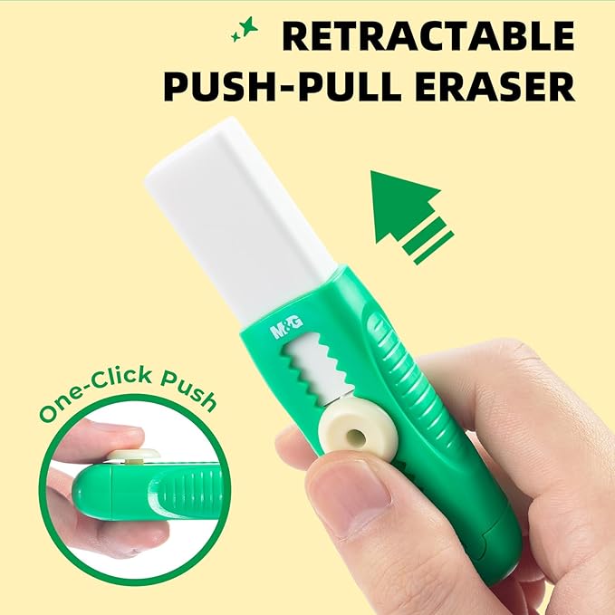 M&G 1+1 Pack Green Sliding Retractable Cute Eraser Set, Refillable Soft Large Rubber Eraser with Sleeve for Kids Students School Office Supplies